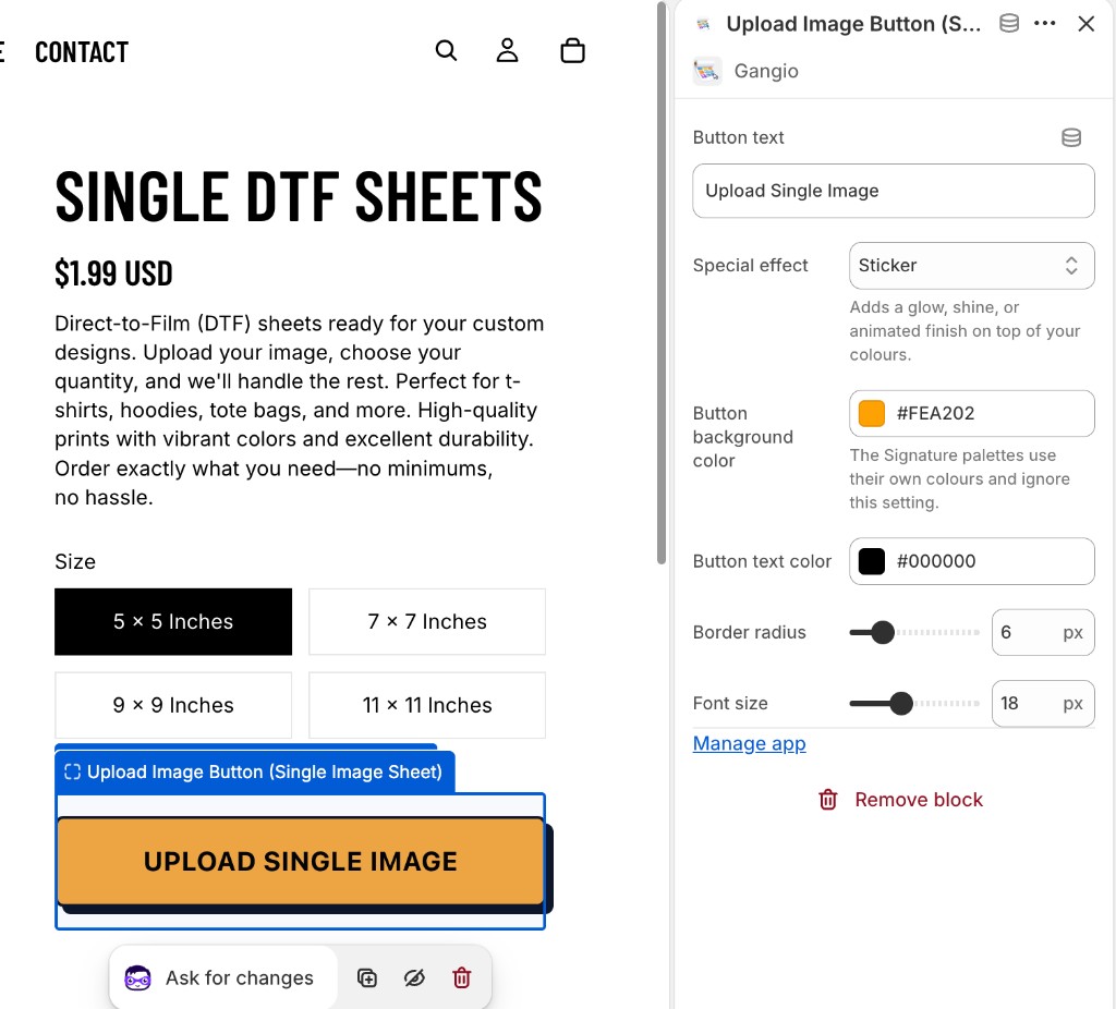 Shopify theme editor with the Special effect dropdown set to Sticker and the resulting button on the product page