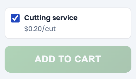 The builder's cutting service checkbox showing $0.20 per cut, above the Add to Cart button