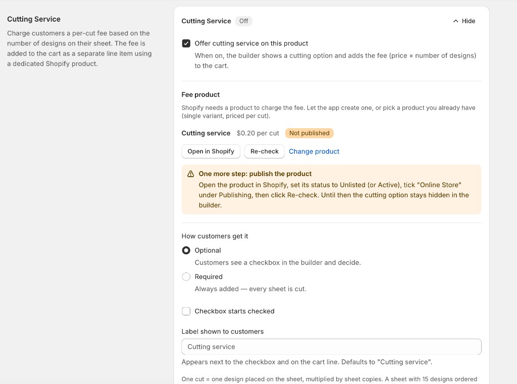 Cutting Service settings on a Gangio product: enable checkbox, fee product with Not published badge and a banner asking to publish it, Optional/Required choice, and customer label