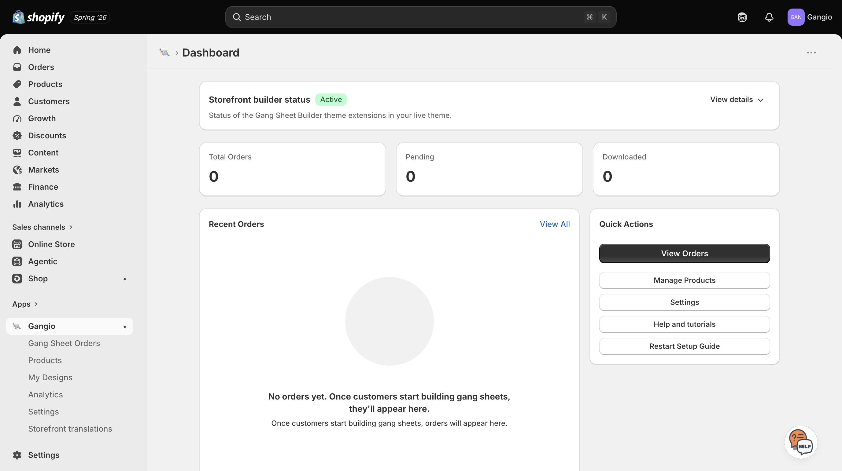 Gangio merchant dashboard with setup status and quick actions