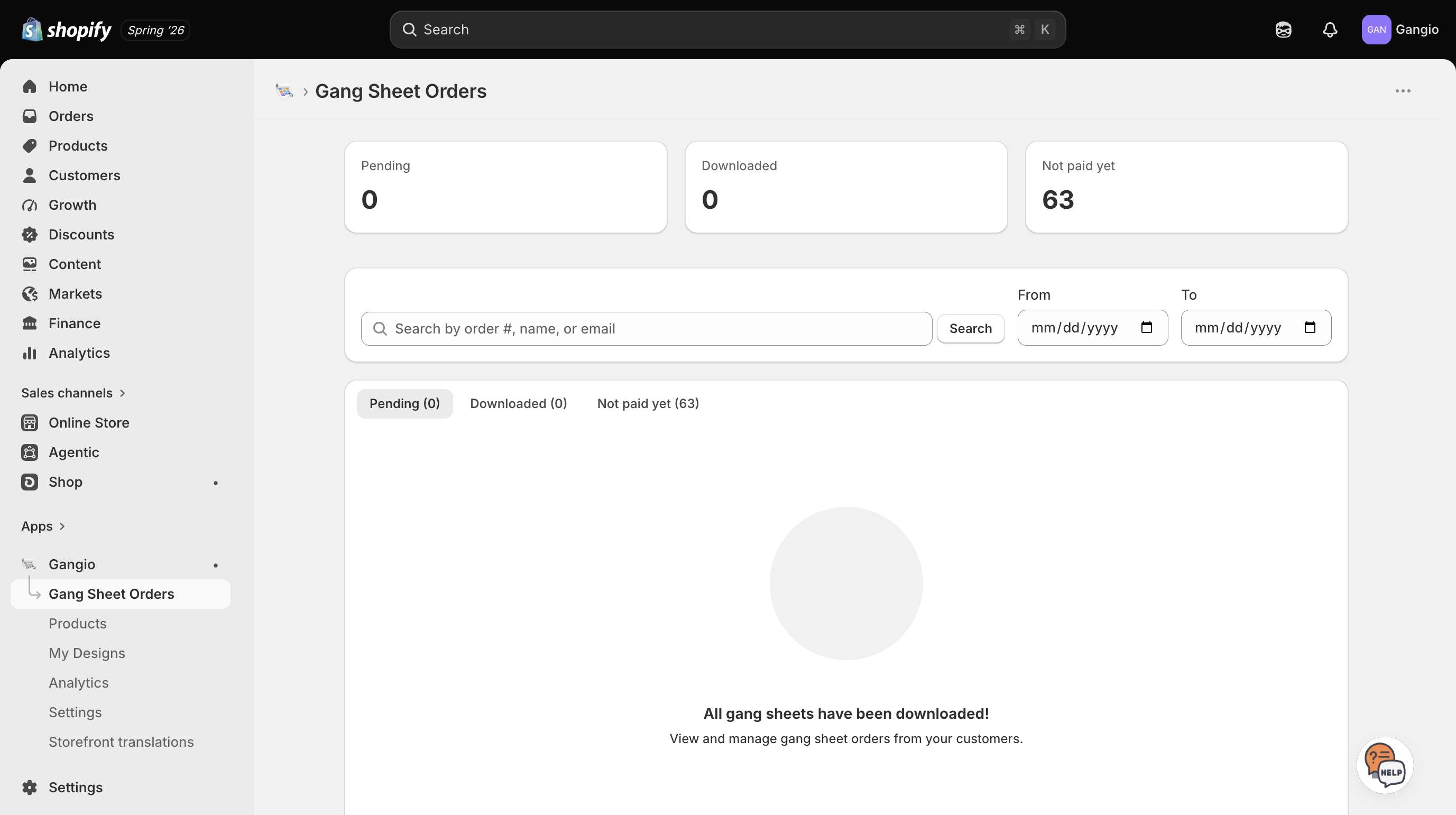 Gang Sheet Orders page with pending, downloaded, and not paid tabs