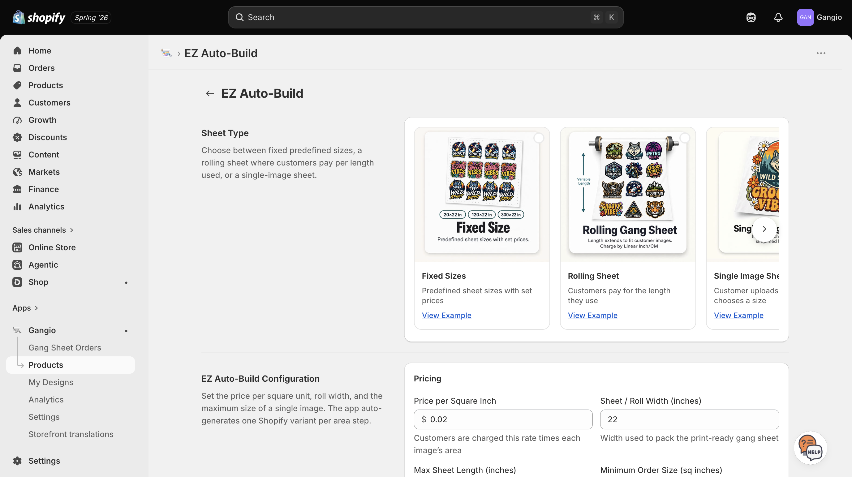 EZ Auto-Build configuration with price per square inch and roll width